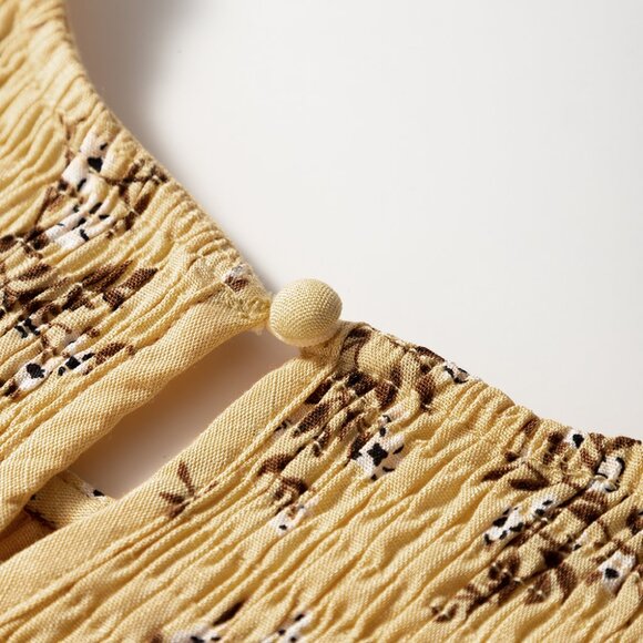 B265 Yellow Boho Floral Print Ruffle Smocked Flowy Summer Dress - Picture 10 of 12